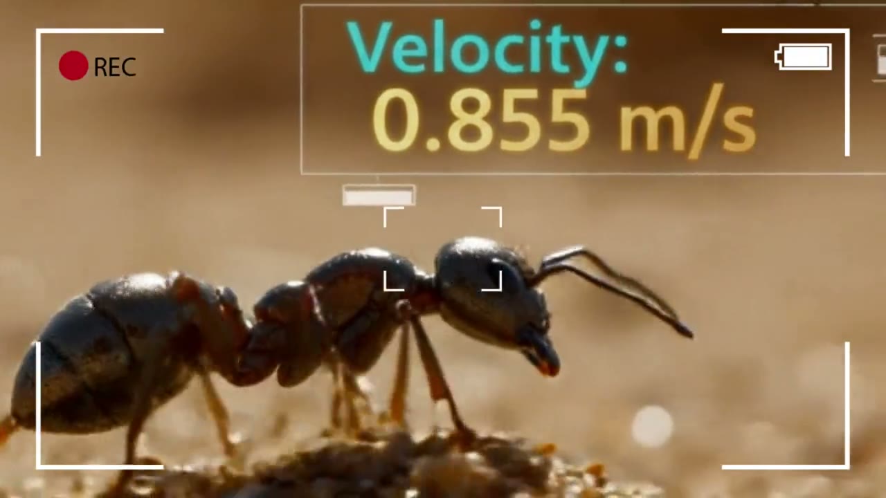 A desert ant filmed close up, with its speed on screen