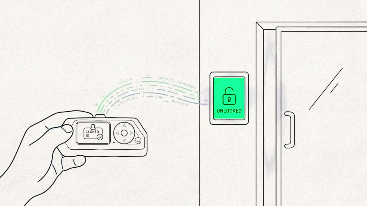 A hand-drawn gadget unlocking a door
